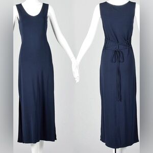 VTG Mary McFadden Stretchy Large V Neck Maxi Dress with Tie Back Waist